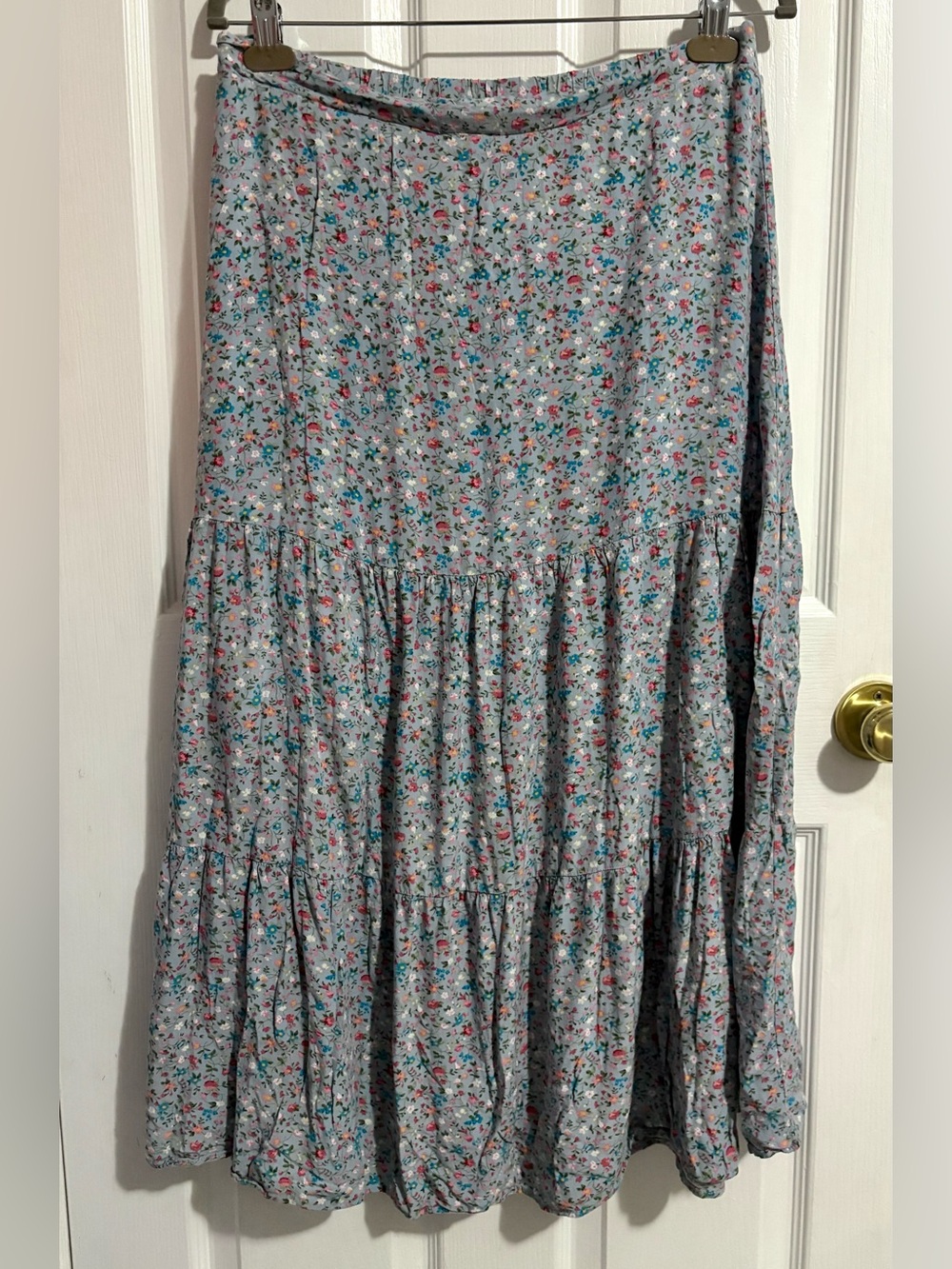 Blue and Pink Floral Tiered Maxi Skirt